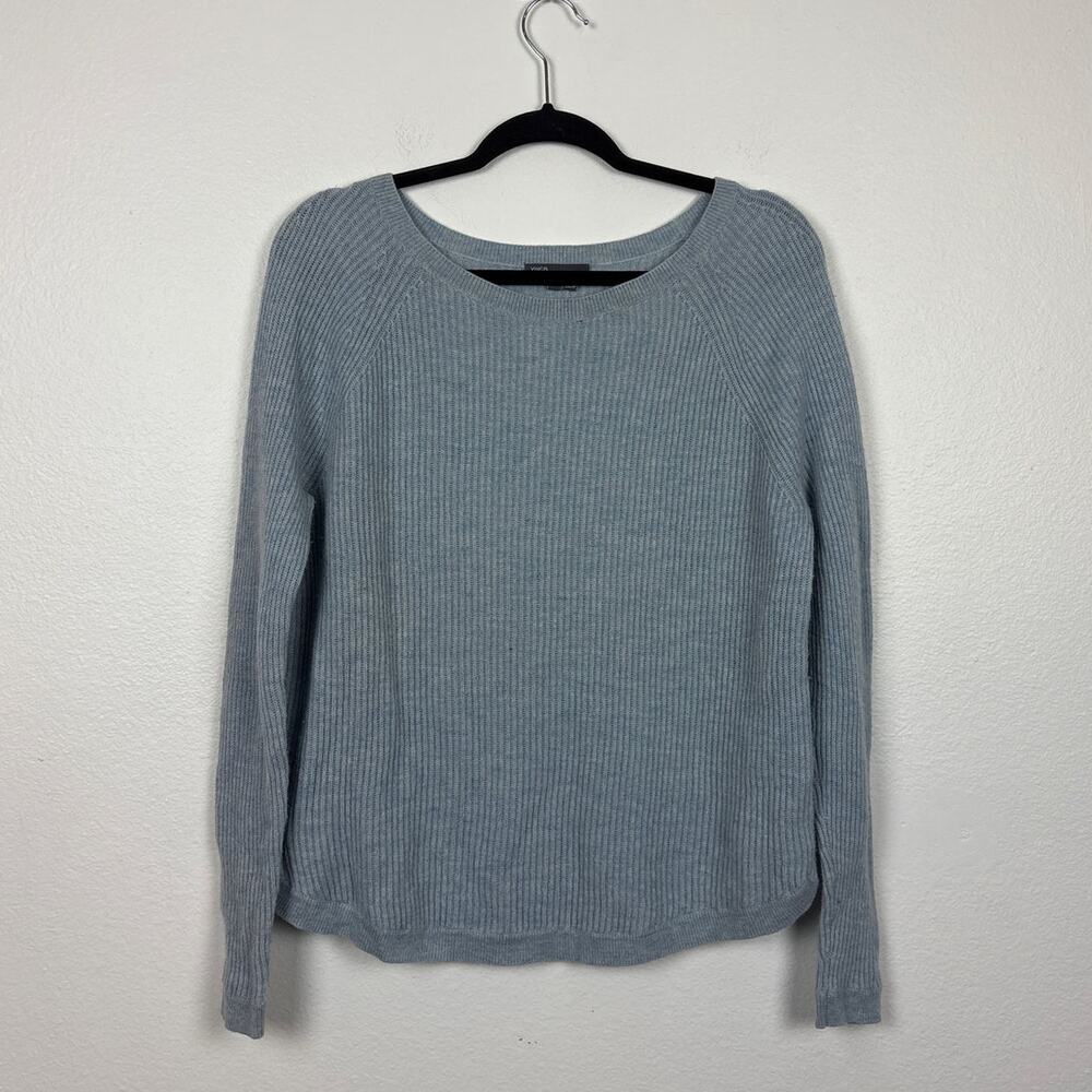 Vince Ribbed Speckled Light Blue Cashmere Wool Long Sleeve Boat Neck Sweater S